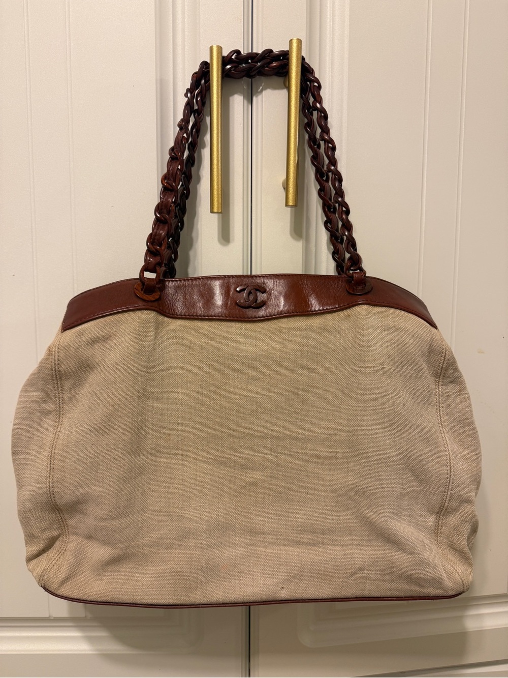 CHANEL Beige Canvas Tote with Brown Leather Trim and Chain-Strap
